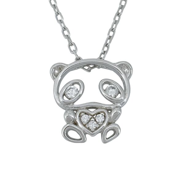 Vintage Sterling Silver S925 Cubic Zirconia Panda Pendant Necklace 16.25"-18" - Picture 1 of 6